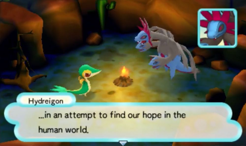 Hydreigon saying, “… in an attempt to find our hope in the human world.”