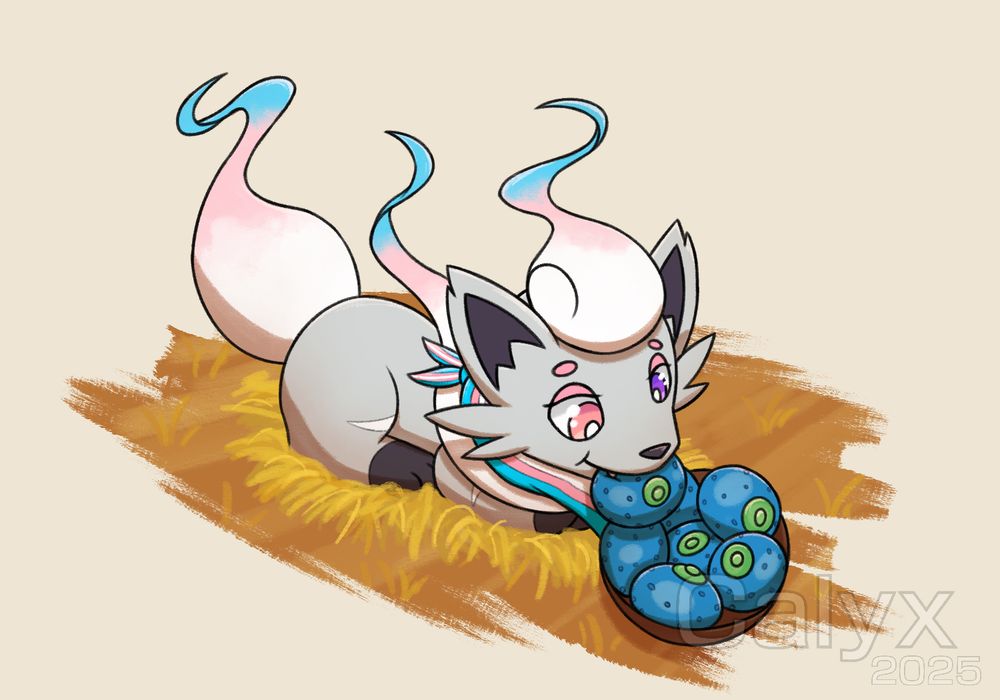 A Hisuian Zorua with transgener colors and a transgender colored scarf, laying down on a bed of straw, eating Oran berries out of a bowl.