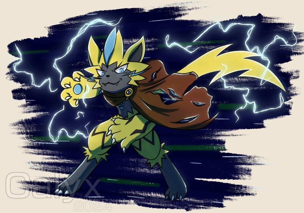 Unnamed Zeraora Pokemon Mystery Dungeon character posing with lightning surrounding him.