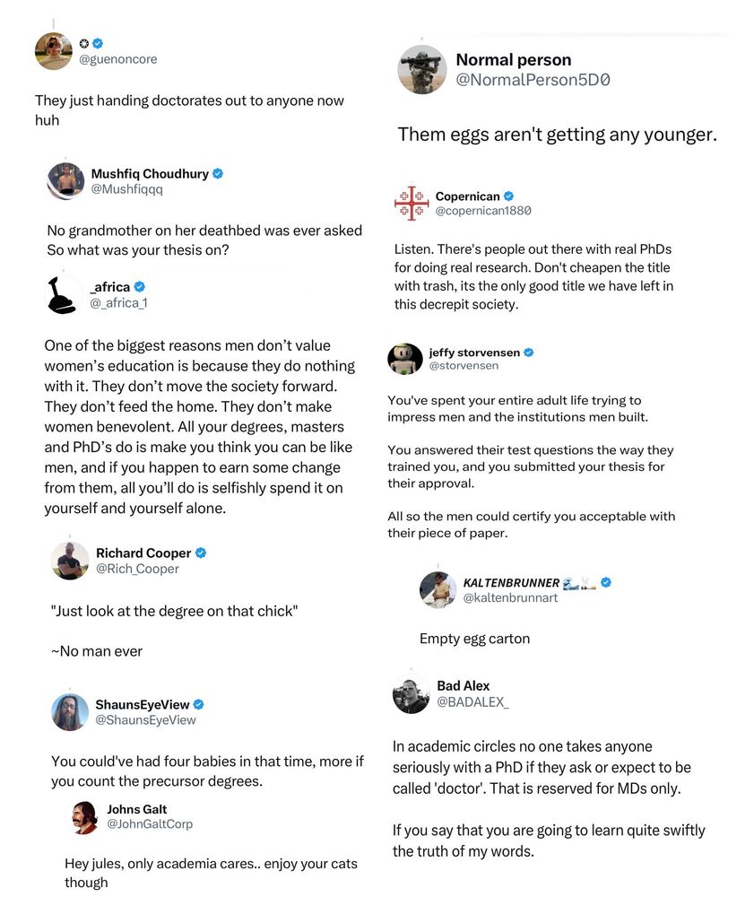 @guenoncore
They just handing doctorates out to anyone now huh

@Mushfiqaa
No grandmother on her deathbed was ever asked
So what was your thesis on?

_africa O @_africa_1
One of the biggest reasons men don't value women's education is because they do nothing with it. They don't move the society forward.
They don't feed the home. They don't make women benevolent. All your degrees, masters and PhD's do is make you think you can be like men, and if you happen to earn some change from them, all you'll do is selfishly spend it on yourself and yourself alone.

@Rich _Cooper
"Just look at the degree on that chick"
~No man ever

@ShaunsEyeView
You could've had four babies in that time, more if you count the precursor degrees.

@JohnGaltCorp
Hey jules, only academia cares.. enjoy your cats though

@NormalPerson5D0
Them eggs aren't getting any younger.
Copernican & @copernican1880
Listen. There's people out there with real PhDs for doing real research. Don't cheapen the title with trash, its the only good title we have left in this decrepit society.
jeffy storvensen & @storvensen
You've spent your entire adult life trying to impress men and the institutions men built.
You answered their test questions the way they trained you, and you submitted your thesis for their approval.
All so the men could certify you acceptable with their piece of paper.

@kaltenbrunnart
Empty egg carton

@BADALEX.
In academic circles no one takes anyone seriously with a PhD if they ask or expect to be called 'doctor'. That is reserved for MDs only.
If you say that you are going to learn quite swiftly the truth of my words.