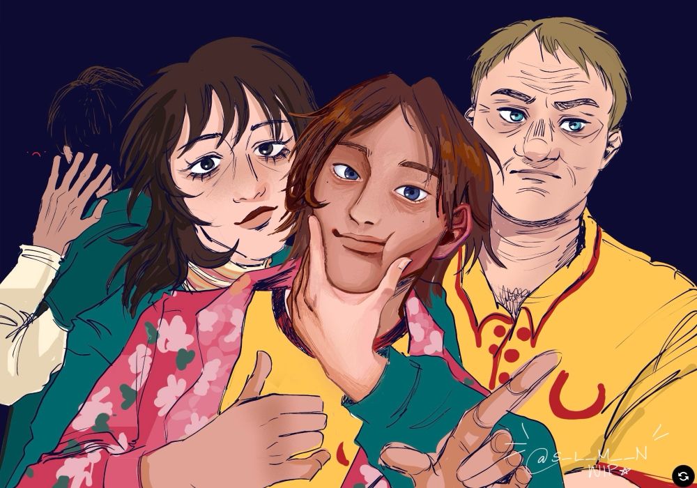 sketch the crew of the tulpar from the game mouthwashing being photographed with jimbo (ew), covering his face not wanting to participate. anya is holding daisuke’s face while swansea is just there