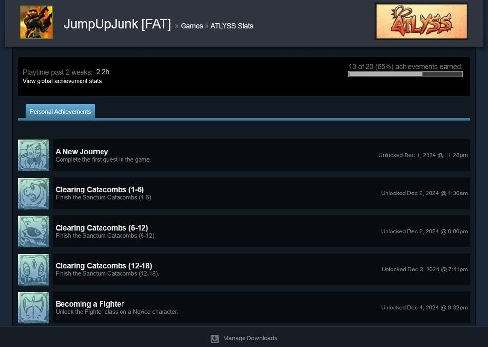 Steam achievement menu for Atlyss.