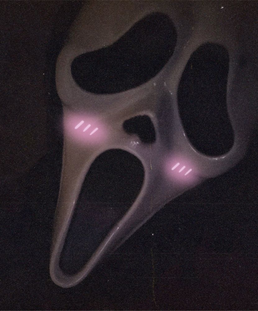 This is just a simple picture of me in a ghost face mask. It has a grainy texture applied to it and small neon blush marks. No AI was used to make this. 