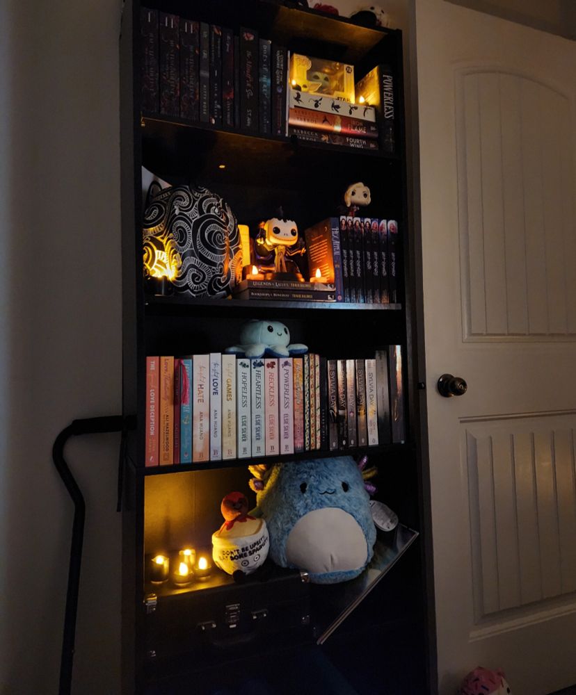 This is a photo of my black book shelf with flickering led candles, stuffed animals, vinyl, and small Funko pops. 
All books are romance or witchcraft related and they range in colours. 

My cane is to the left of the shelf. 