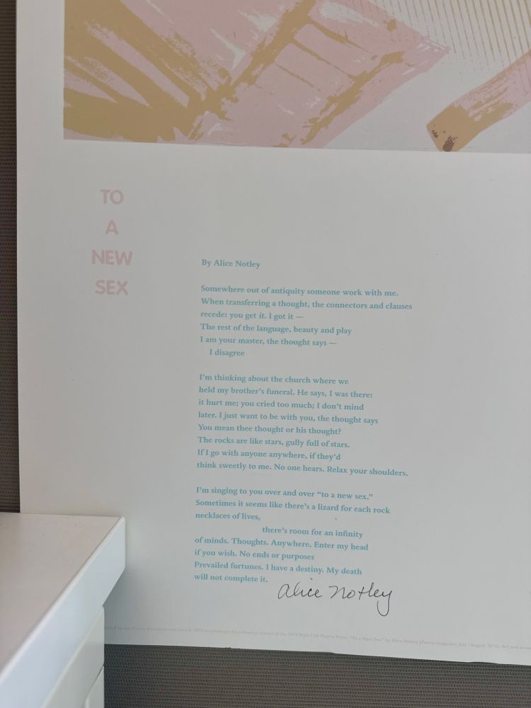abstract pastel broadsheet of “to a new sex” by alice notley:

Somewhere out of antiquity someone work with me.
When transferring a thought, the connectors and clauses recede: you get it. I got it — The rest of the language, beauty and play 
I am your master, the thought says —
I disagree
I'm thinking about the church where we held my brother's funeral. He says, I was there: it hurt me; you cried too much; I don't mind later. I just want to be with you, the thought says You mean thee thought or his thought?
The rocks are like stars, gully full of stars.
If I go with anyone anywhere, if they'd
think sweetly to me. No one hears. Relax your shoulders.
I'm singing to you over and over "to a new sex."
Sometimes it seems like there's a lizard for each rock necklaces of lives,
there's room for an infinity
of minds. Thoughts. Anywhere. Enter my head if you wish. No ends or purposes
Prevailed fortunes. I have a destiny. My death will not complete it.

the print is by sonnenzimmer and it is pinned on a cubicle wall