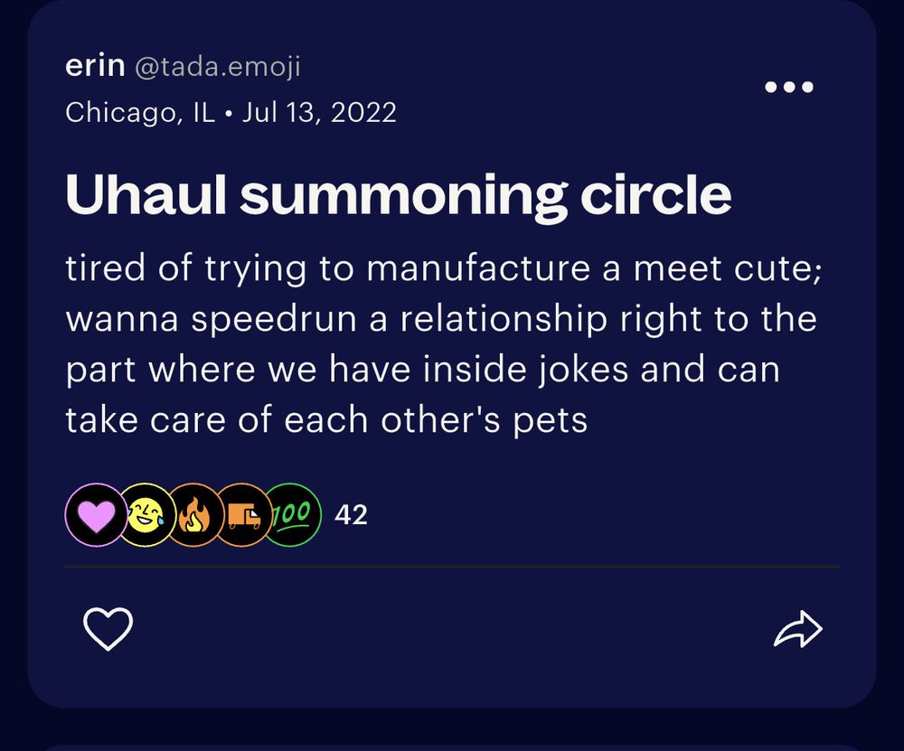 lex post from july 13 2022 headlined U-haul summoning circle. text: tired of trying to manufacture a meet cute, wanna speedrun a relationship right to the point where we have inside jokes and can take care of each other’s pets