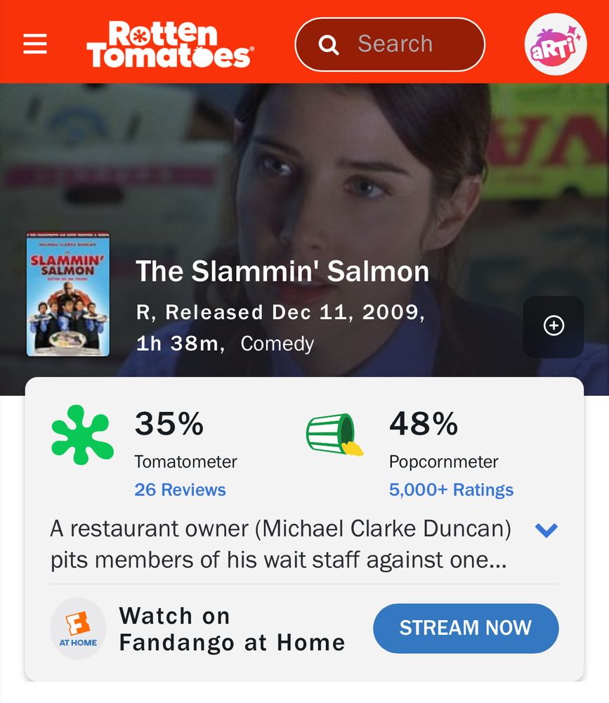 Rotten Tomatoes page for THE SLAMMIN’ SALMON - 35% Critic score and 48% Fan score