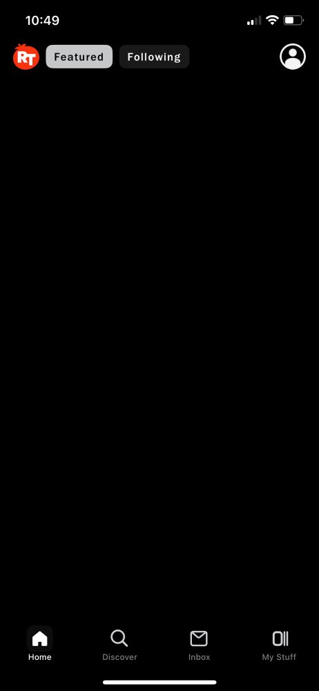 Home screen of the Rotten Tomatoes app and it’s just black beyond the header and footer buttons that also just go to black screens. 