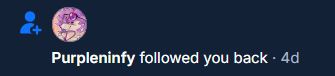 A screenshot of the notification tab in bluesky saying "Purplenify followed you back" - purplenify is a popufur and artist in the novabeast community