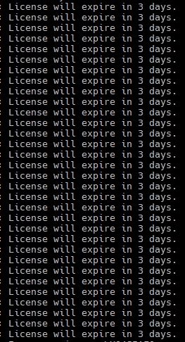 Program output with "Licence will expire in 3 days" repeated 32 times.