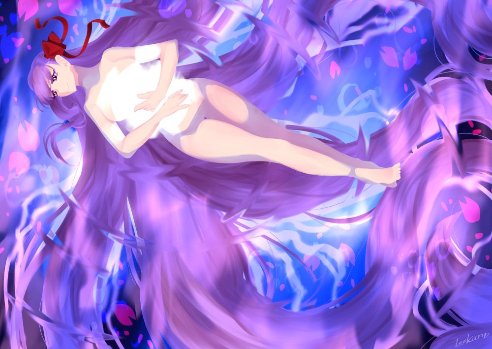 Main Subject: BB - Fictional Character from Video Game Series Fate, Extra CCC, Fate/Grand Order.
The main subject is depicted floating relaxed in water, with hair extending and covering the canvas, water ripples deforming their shapes, the subject's embracing a shape resembling the moon with a complex but peaceful expression. 