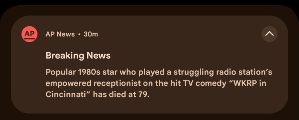Screenshot of AP News blurb regarding Loni Anderson's death