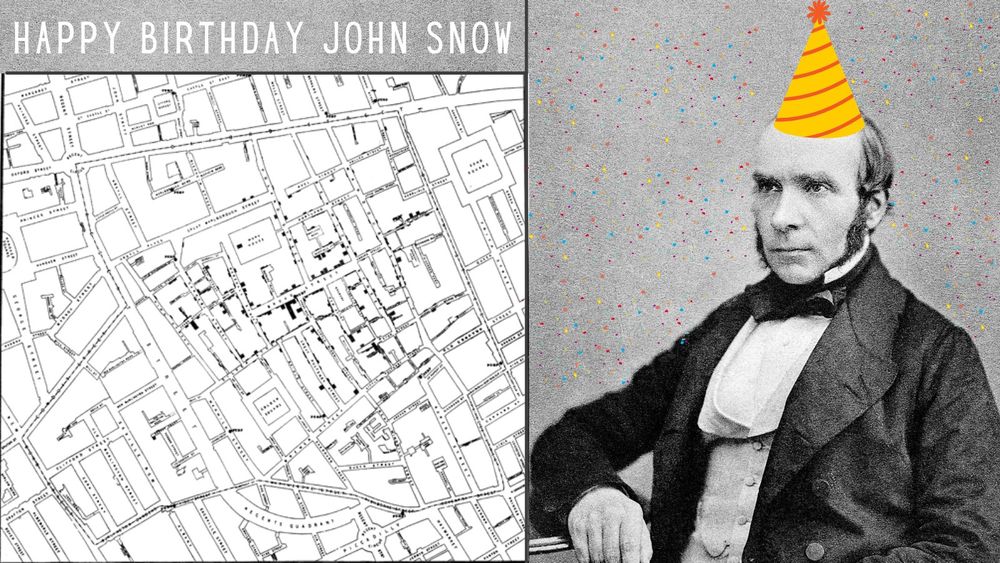 John Snow cholera map and John Snow in a party hat