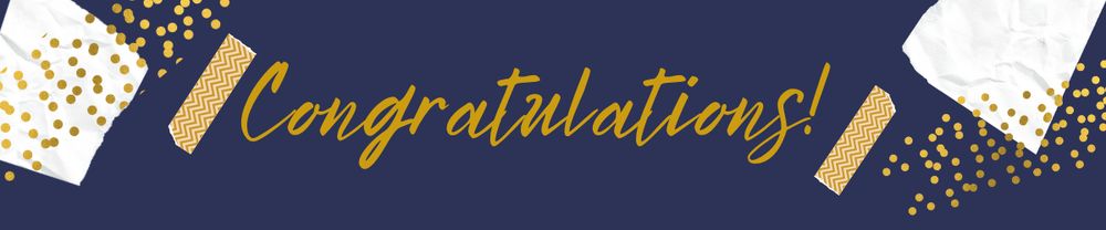 Congratulations banner with gold, navy blue and white background.