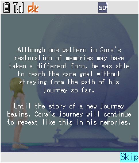 Namine staring at Sora's pod, with text overlaid:

"Although one pattern in Sora's restoration of memories may have taken a different form, he was able to reach the same goal without straying from the path of his journey so far. 

Until the story of a new journey begins, Sora's journey will continue to repeat like this in his memories."