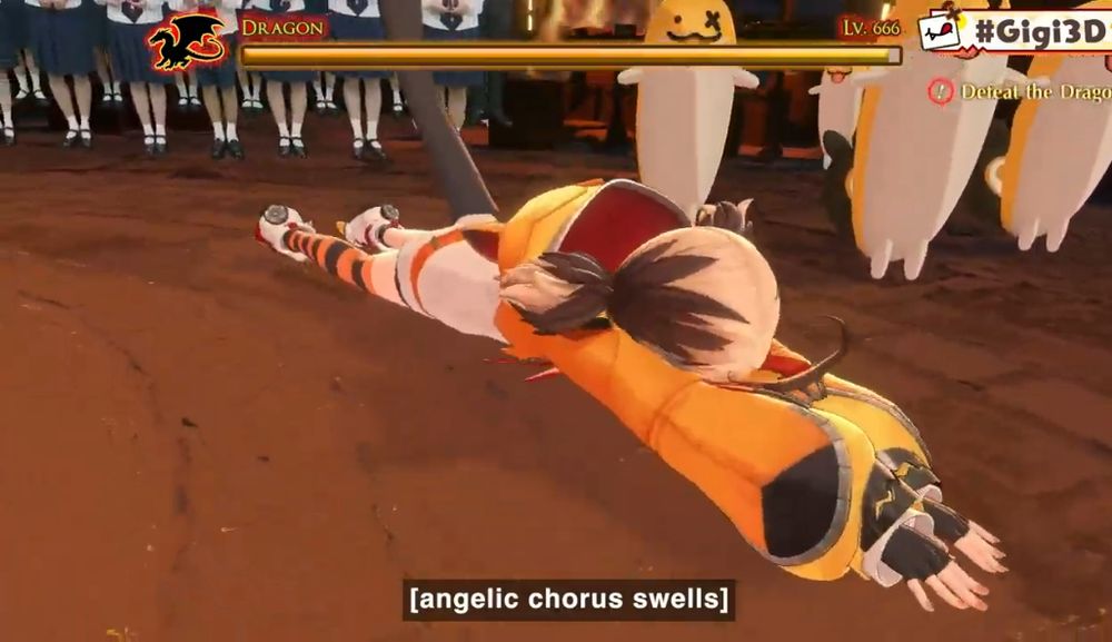 Gigi Murin doing the worm in a fantasy village in front of grems and a real life children's choir. a health bar for a level 666 dragon is at the top of the screen. captions read "angelic chorus swells"