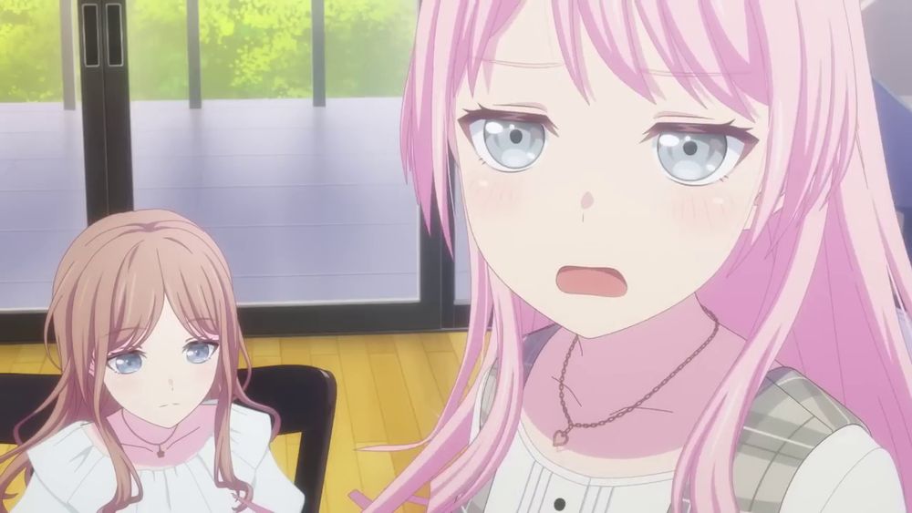 Anon and Soyo from BanG Dream! Soyo is sitting in a chair staring at Anon, who is standing and looking in the distance with an annoyed expression