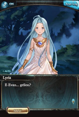 Lyria from Granblue saying "E-Evan... gelion?" with a curious expression on her face