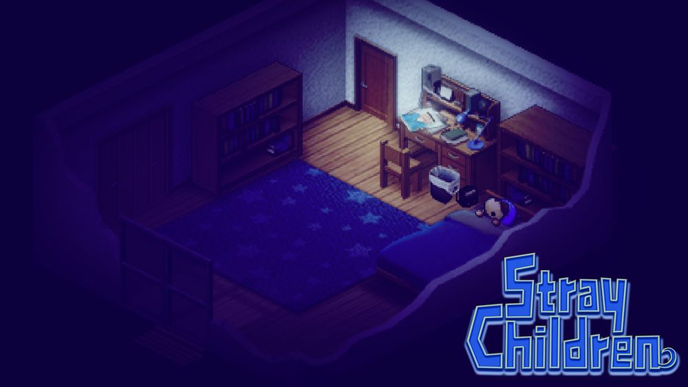opening screen of Stray Children, with the protagonist sleeping in bed as a light focuses on their cluttered desk.