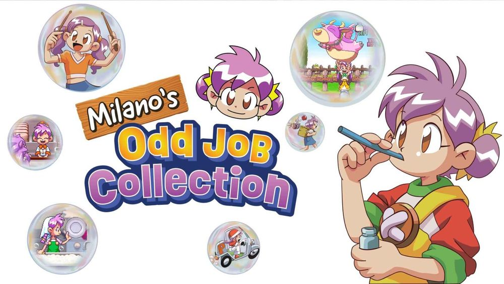banner art for Milano's Odd Job Collection featuring the titular Milano blowing bubbles that contain vignettes of her various odd jobs including a dishwasher, a drummer, a fast food worker, a pizza delivery girl, a farmhand, and an apple picker