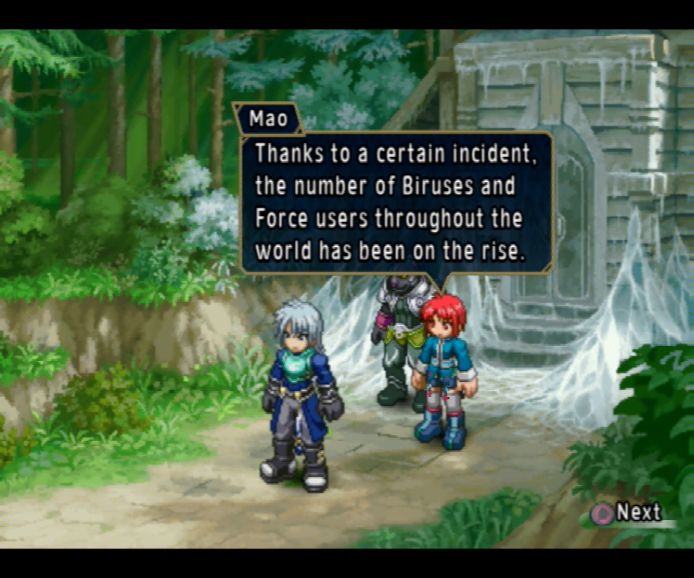 Outside the cabin, lush greenery extends directly outward from teh cabin that's still covered in ice. Veigue is leading the group as Mao behind continues to speak: 

"Thanks to a certain incident, the number of Biruses and Force users throughout the world has been on the rise."