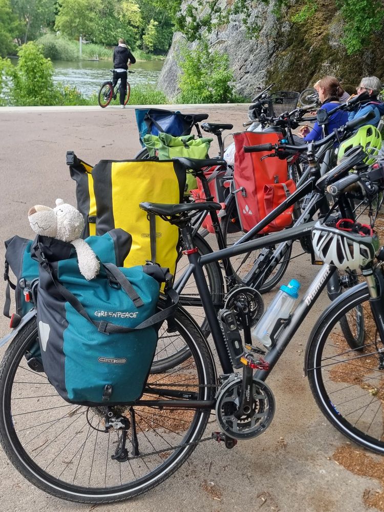 Mehrere Fahrräder mit verschiedenen farbigen Packtaschen stehen hintereinander. Am ersten Rad schaut aus einer Tasche der Kopf und die Arme eines weißen Bären heraus.
Hinter den Rädern sitzen Menschen auf einer Bank.
Im Hintergrund ist ein Fluss zu sehen.