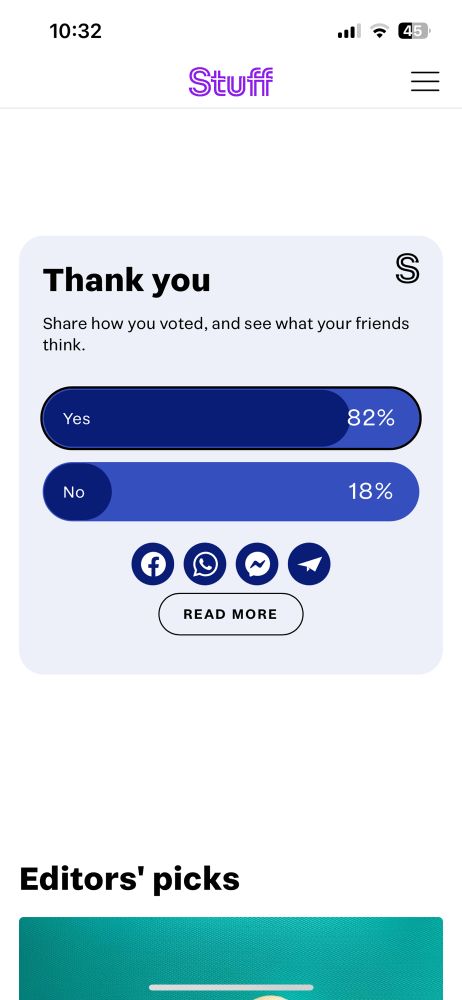 Stuff poll showing 82% yes and 18% no