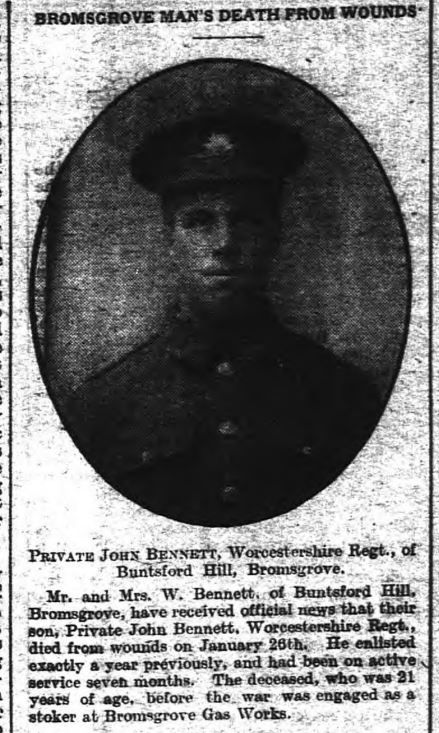 Pte John Bennett,  9th Worcestershire Regiment, died of wounds 27th January  received at The Battle of Kut-al-Amara 26th January 1917. Photo from microfilm. The Bromsgrove and Droitwich Messenger