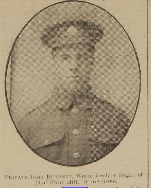 Pte John Bennett,  9th Worcestershire Regiment, died of wounds 27th January  received at The Battle of Kut-al-Amara 26th January 1917. Photo from paper copy. The Bromsgrove and Droitwich Messenger