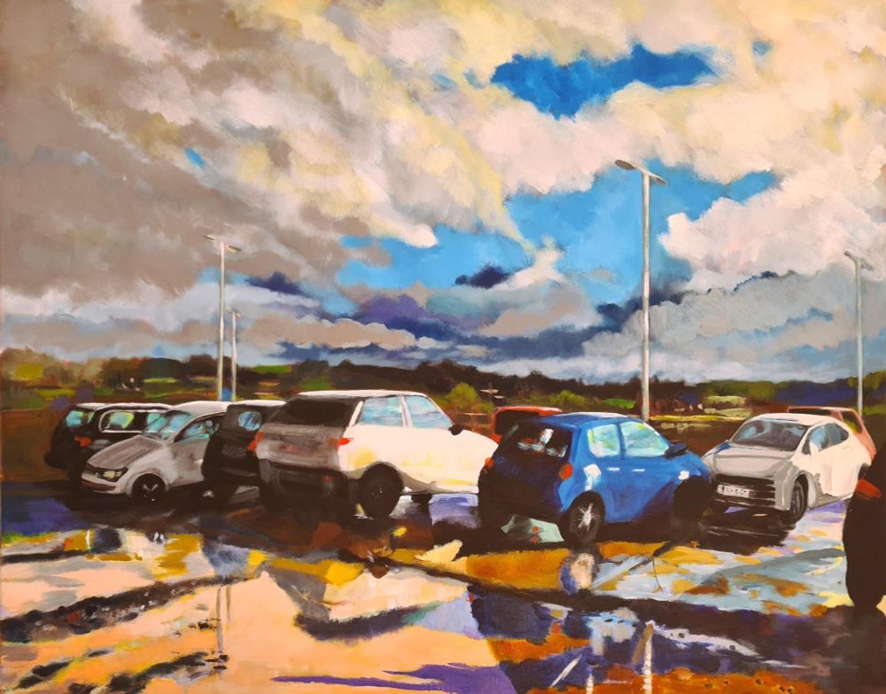 Not many people can make a car park look this amazing - gorgeous Cezanne-like technique applied to a carpark - bright colours, stormy skies, and muddy puddles -   Break in the Clouds by Lucy James