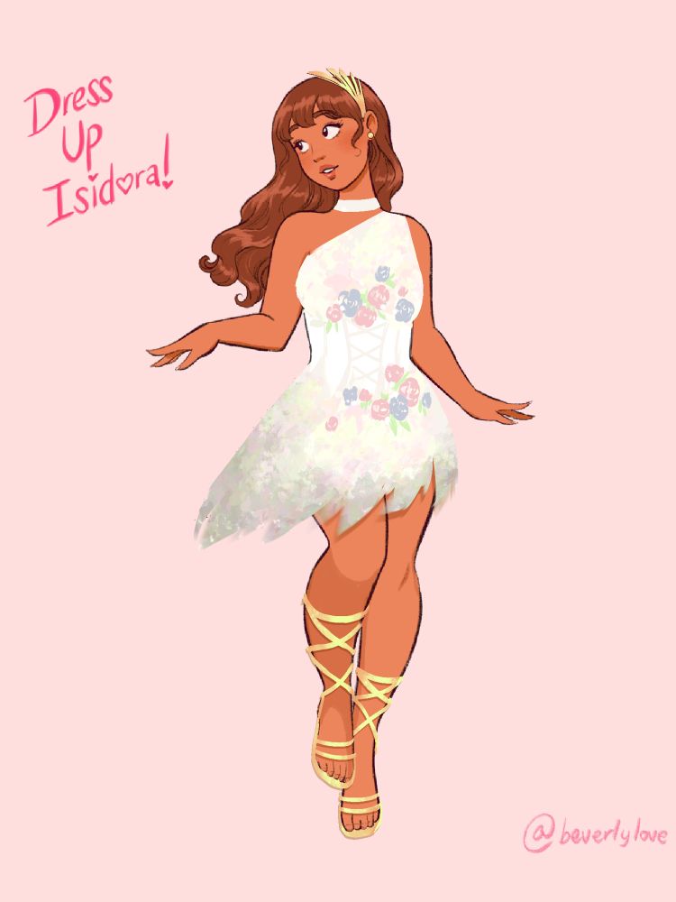 A full body artwork of a brown-skinned woman with far brown hair. She is wearing a white dress with blue and pink flowers that falls before her thighs and strappy golden sandals. She has a matching white choker and golden headpiece. 