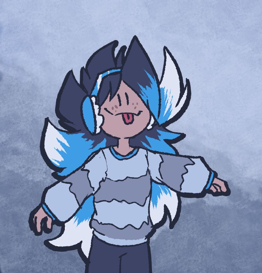 An illustration of a woman in a comfy grey sweater with earmuffs on in an abstract cold looking background. The woman has a funny face with her tongue sticking out to catch snowflakes.