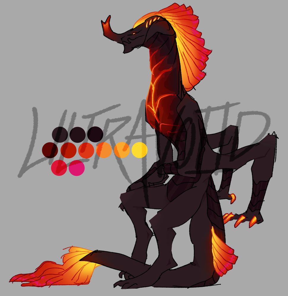 A lizard like creature with a red, orange and brown-ish color palette. Its chest is glowing, as if magma is heating it up from the inside. It has a nose horn that fades from brown to orange and looks similar to that of a rhino beetle. The claws also seem to be red hot, as well as the frayed ruffle-like tail end, "fins" and "mane".