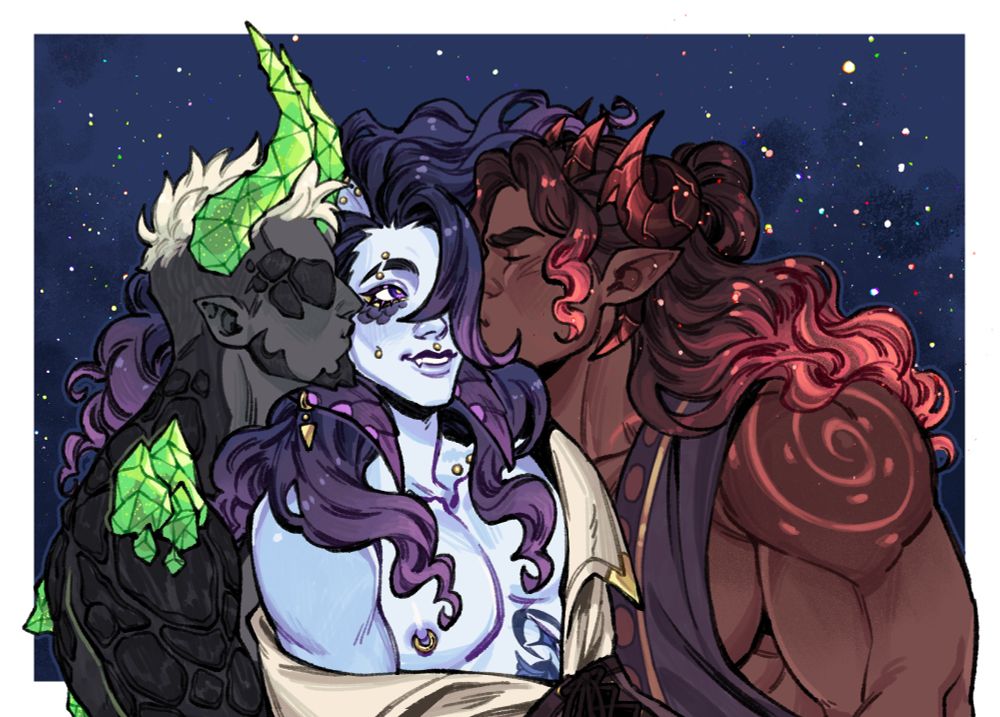 Two genasi, one earth, one smoke and a blue tiefling in the middle. The genasi on either side are kissing the tiefling on his cheeks