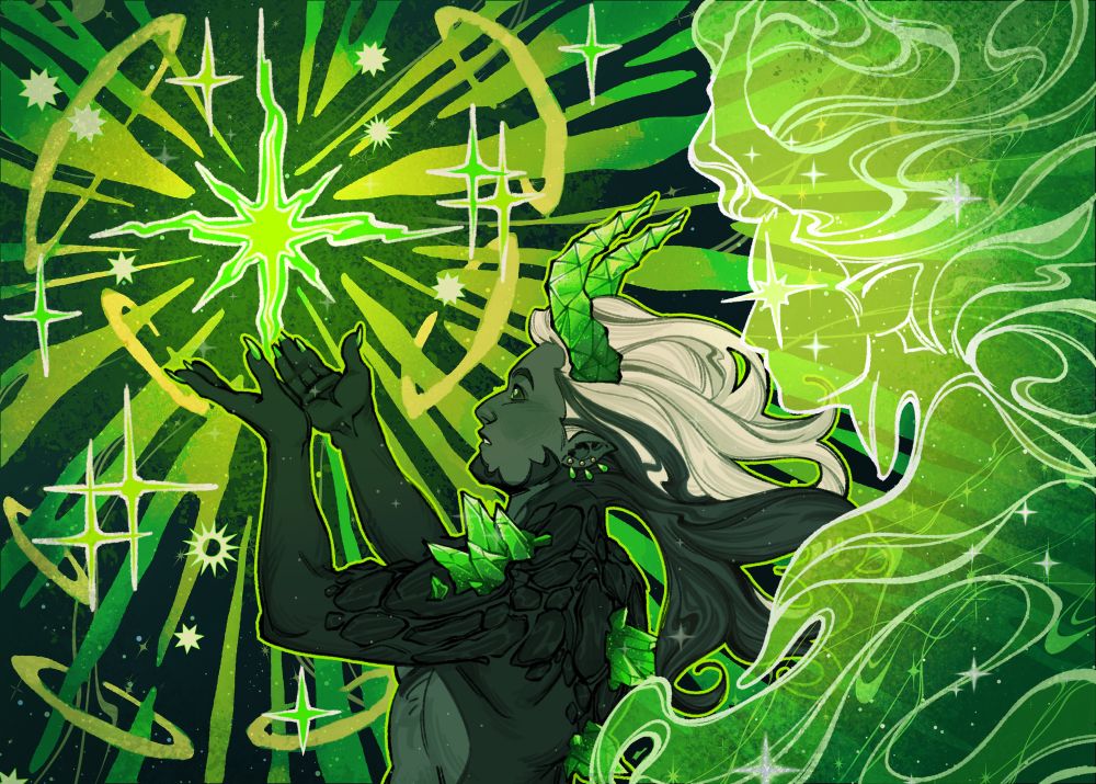 My earth genasi, Brook, catching an emerald star. It exudes bright green light as it reaches his open palms, a spectral starry version of himself forms behind him.