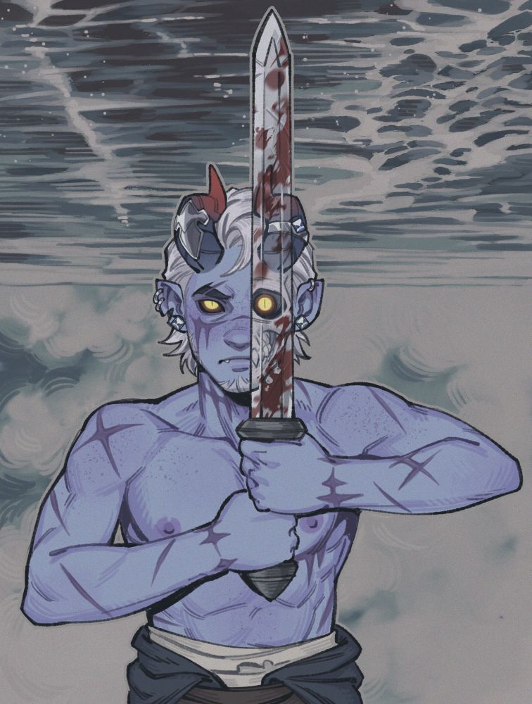 My blue tiefling Fridley with no top on holding a sword that covers half his face. The sword shows a reflection of his skull, one of his eyes glints in the socket. The blade also has dried blood on it. He looks sorrowful, almost unsure. Behind him is a painting I did of a cloudy and icy sea but upside down. 