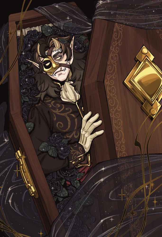 A very gaunt yet large looking man with a golden mask covering part of his face pushing the lid off a gilded coffin he’s been laid in. He’s surrounded by black dew sprinkled roses. Sheer fabric is sliding off the coffin lid to the floor and a black-gold wisp frames the scene.