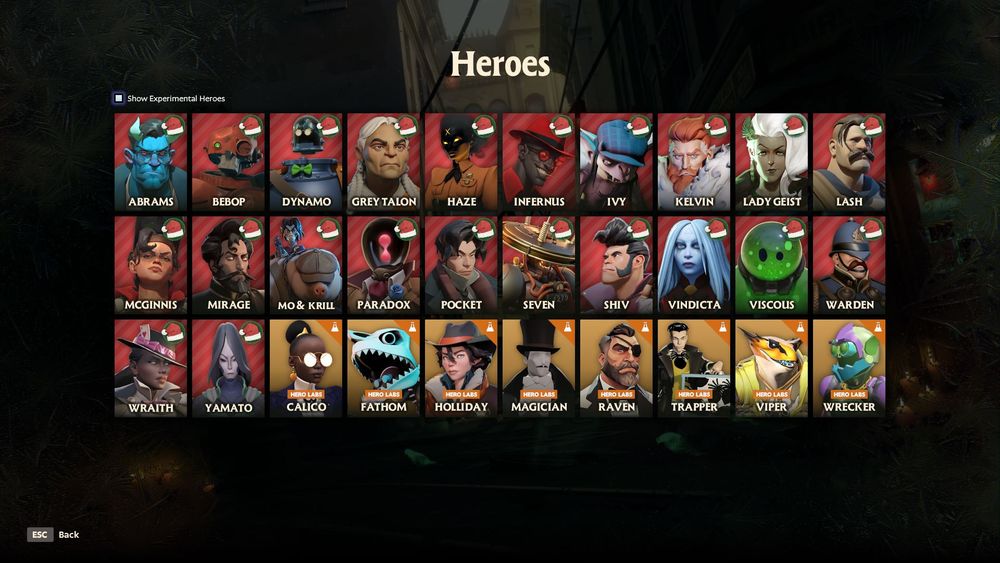 A screenshot of the game Deadlock showing the full hero roster, every character having the holiday skin associated with them.