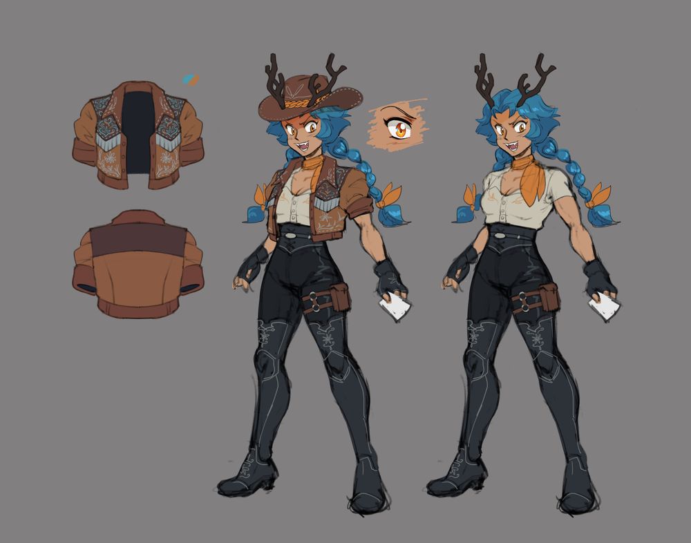 Concept art images of a blue haired human girl with fangs and two long braided ponytails meant to evoke rabbit ears.  She’s wearing a brown cowboy hat and jacket with orange accents in the left image, with the jacket design more detailed on her left.  She’s not wearing the jacket on the right image.  She has antlers that poke out from her hair