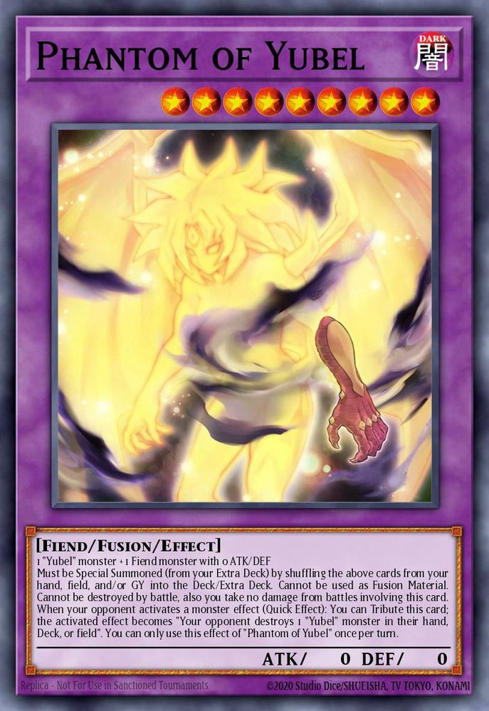 A picture of the Yu-Gi-Oh card Phantom of Yubel, with a drawing of a yellow spiritual Yubel at its center