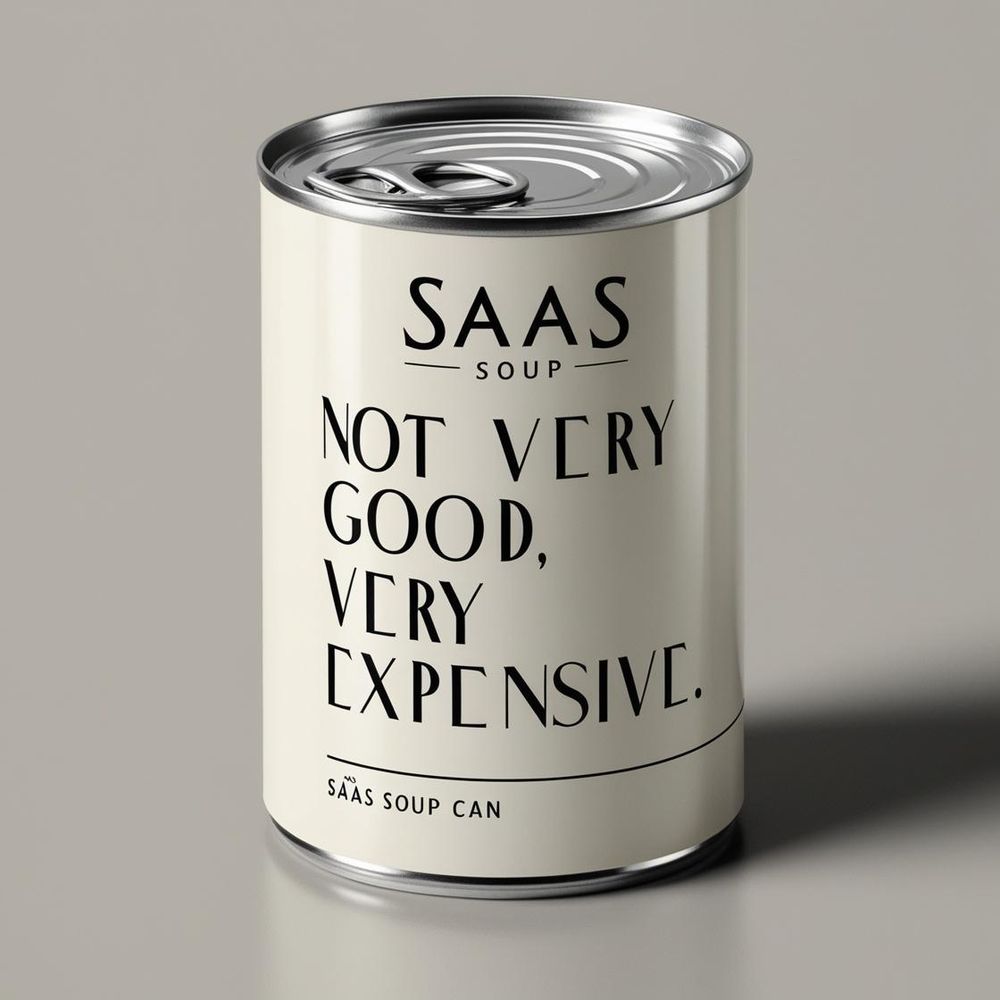 A can of SaaS Soup, the label reads "Not Very Good, Very Expensive"