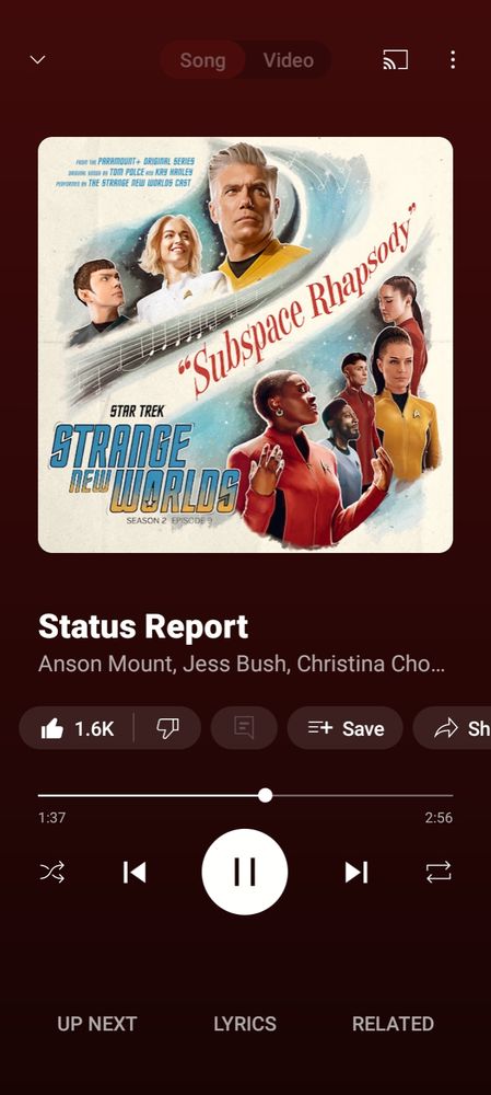 Image of music player. 
Song playing is Status Report, from the Star Trek musical episode.