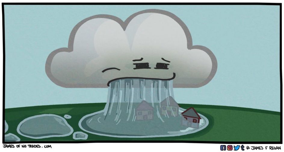 Panel of a comic strip by James F. Regan, showing a precipitating cumulus cloud (raining) that appears to be vomiting