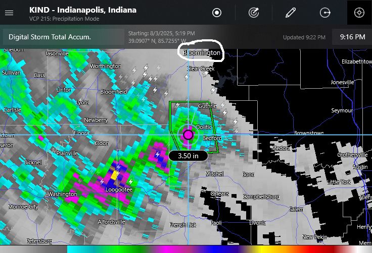 radar snapshot of rainfall estimates centered on Bedford Indiana