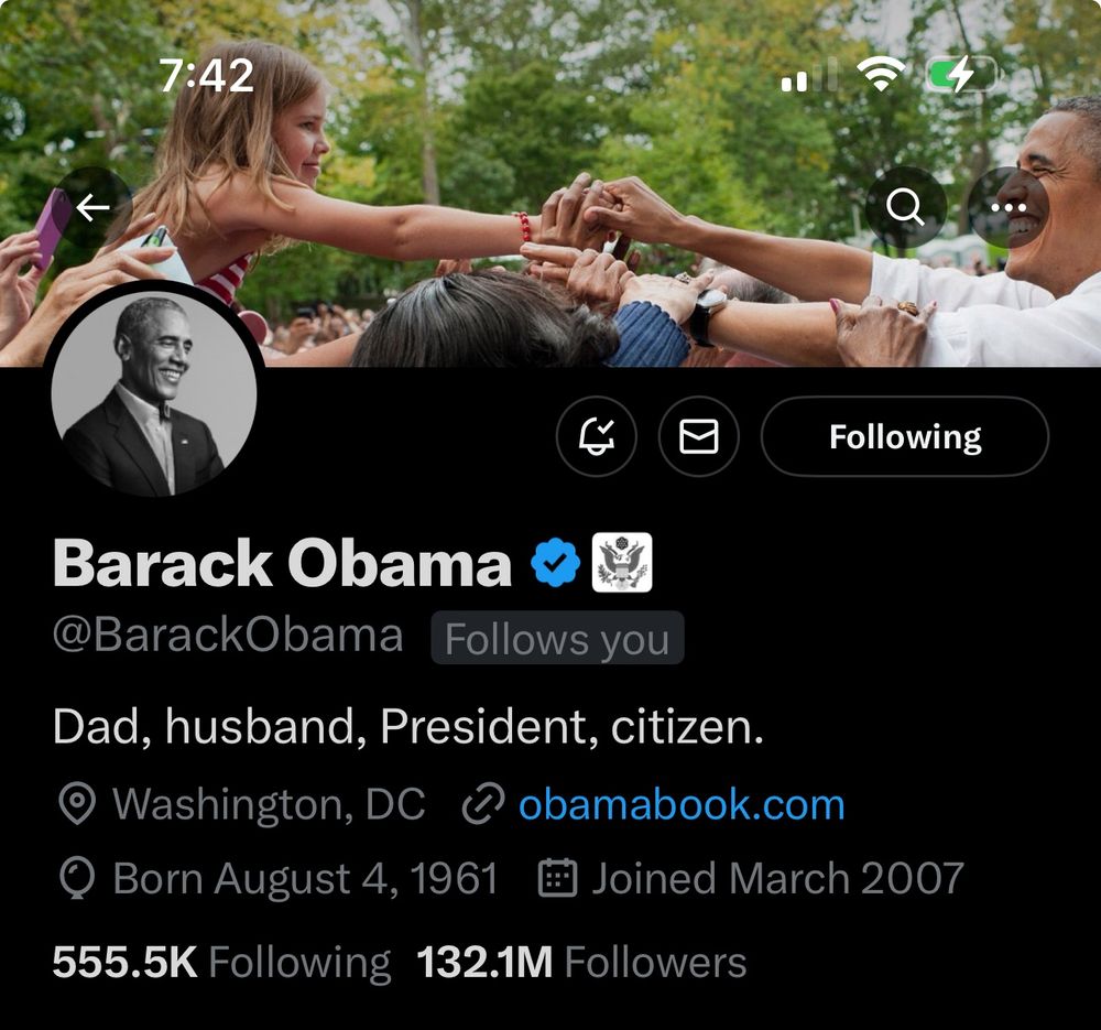 Top part of Barack Obama’s Twitter account showing he follows me, his bio, birthday, when he joined Twitter and follower count.