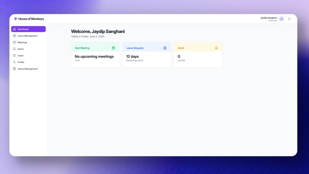 A screenshot of a web application's main dashboard page. The layout includes a vertical navigation sidebar on the left, a header/navbar at the top, and a main content area. The welcome text reads, "Welcome, Jaydip Sanghani". Below that, the date is shown as "Today is Friday, June 6, 2025".

The main area features three summary cards for "Next Meeting," "Leave Requests," and "Alerts." The top-right corner displays the user's name and initials.