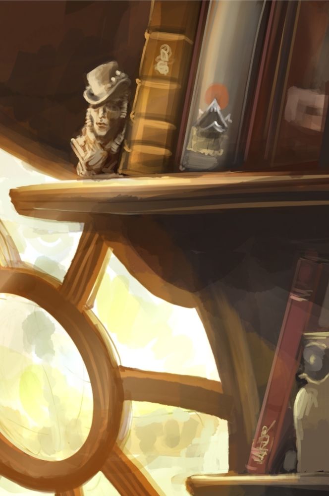 The books on the shelves have some familiar design shapes to their spines, plus a small carving of an ancestor perhaps?