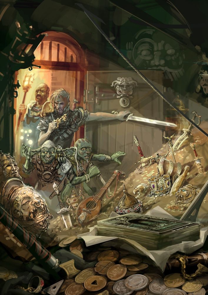 A party of adventurers try one last door and stumble onto a vast treasure hoard of coins and artefacts.