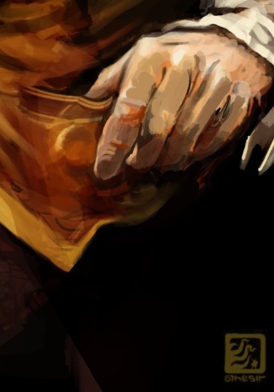 The hobbits hand nervously moves towards his pocket to check on "the trinket" there.