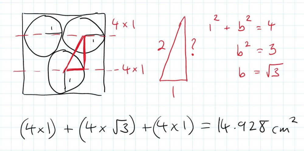 Sketch of geometry problem with working out using Pythagoras